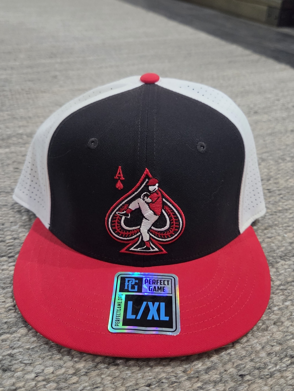 Perfect Gane Red and Black Baseball Snapback Hat with Embroidered Ace Logo